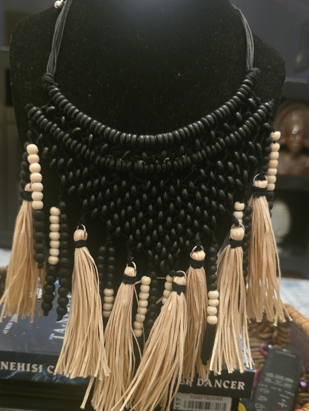 Chico's Black and Beige Tassel Statement Necklace